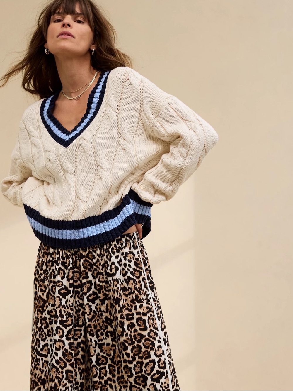 Cream & Blue Cropped Cable Knit V-Neck Varsity Sweater
